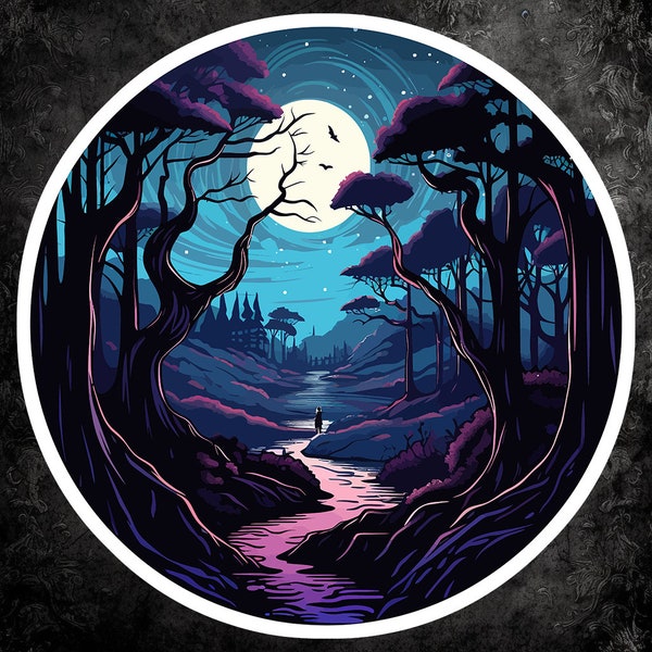 Mystical Moonlight Forest Sticker - Enchanting Vinyl Decal for Laptops, Water Bottles, Notebooks, and More