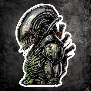 May include: A sticker depicting an Alien creature, rendered in a detailed illustration. The design highlights the creature's biomechanical elements in green, black, and silver, with red details. The artwork has a white border, set against a textured grey background.