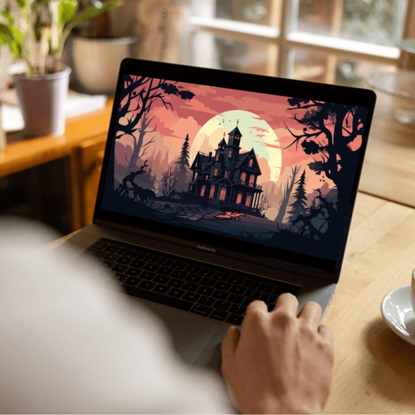 Eerie Haunted House Graveyard Desktop Wallpaper - Digital Download for Atmospheric Ambiance