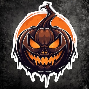 May include: A scary, orange and brown jack-o'-lantern with a menacing grin and glowing eyes. The pumpkin is set against a dark, textured background.