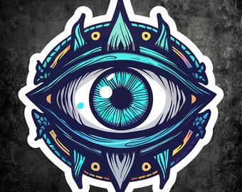 May include: A blue and white eye with a detailed design, surrounded by a yellow and blue circular frame with spikes. The eye is set against a dark gray background.