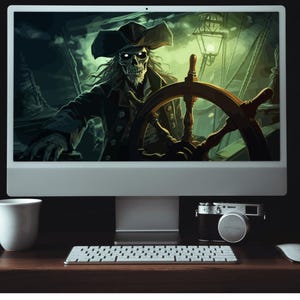 May include: A computer monitor displaying a digital illustration of a skeletal pirate captain with a skull face, wearing a tricorn hat and holding a ship's wheel. The background is a dark green and brown color.