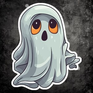 Könnte beinhalten: Ein Cartoon-Geist mit einem weißen Laken und orangefarbenen Augen. Der Geist hat einen überraschten Ausdruck und schaut nach rechts.