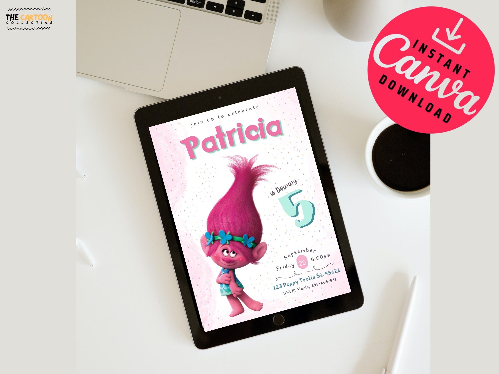 Trolls Poppy Editable Birthday Invitation Template Canva - Etsy