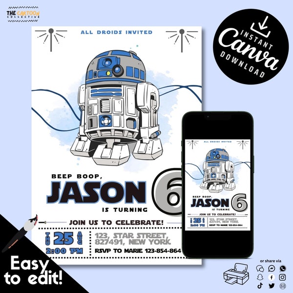 R2-D2 Star Wars Birthday Invitation Digital Download Editable Canva Printable R2 D2 Instant Download Birthday Kid Invite Stormtrooper R2D2