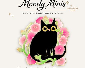 Black Cat in Pink Flowers Enamel Pin