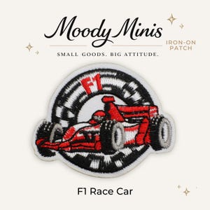 May include: An embroidered iron-on patch featuring a red and white Formula 1 race car centered over a black and white checkered circular background. The text F1 is stitched in red above the car. The patch is labeled F1 Race Car at the bottom.