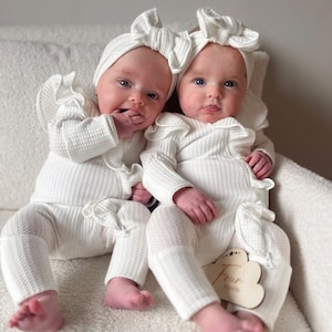 Milk White Waffle Cotton Romper Ruffle Zipper Footie With Bow, Baby Girl Coming Home Outfit, Newborn Hospital Outfit , New Baby Girl Gift