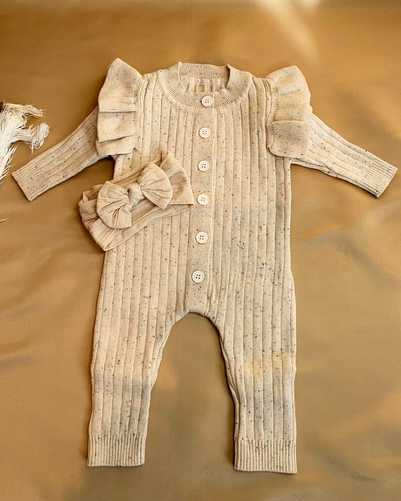 Baby Girl Knit Ribbed Romper , Knit Baby Clothes, Neutral Newborn Knits