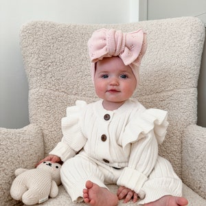 Baby Girl Cotton Knit Ribbed Romper With Sleeve, Elegant White Romper with Frills on Shoulders, Soft Knit Outfit, Winter  Cozy Baby Clothes