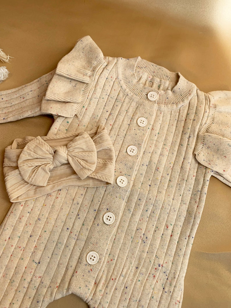 Baby Girl Knit Ribbed Romper , Knit Baby Clothes, Neutral Newborn Knits