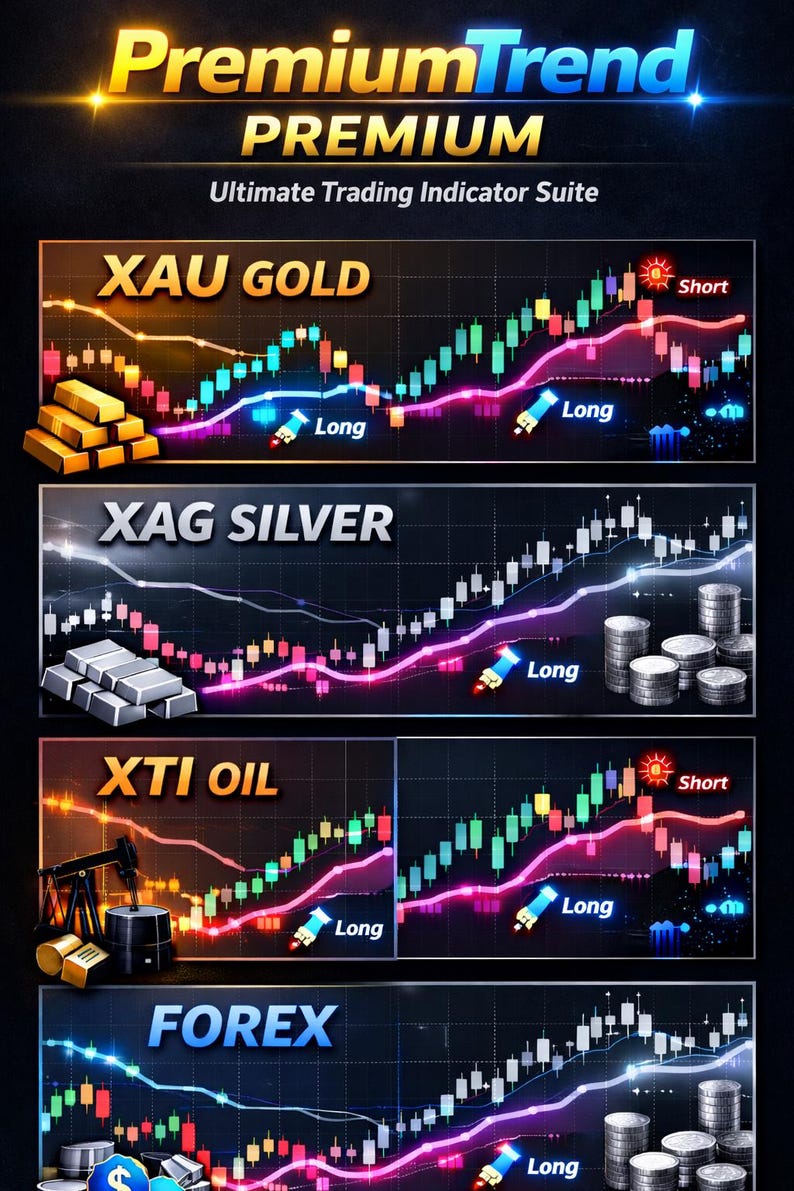 May include: A digital trading indicator suite titled PremiumTrend Premium Ultimate Trading Indicator Suite. The graphic displays four distinct financial charts for XAU GOLD, XAG SILVER, XTI OIL, and FOREX, featuring candlestick patterns, trend lines, and labels for Long and Short positions.
