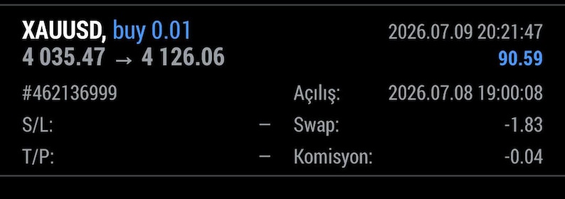 May include: A digital financial trading interface displaying XAUUSD buy order 0.01 with a price movement from 4035.47 to 4126.06, a profit of 90.59, order number 462136999, swap of -1.83, and commission of -0.04 on 2026.07.09 at 20:21:47.