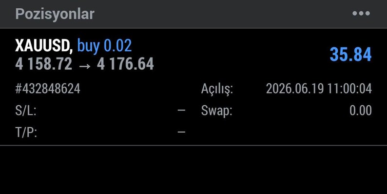 May include: A digital trading interface displaying a XAUUSD buy position of 0.02 with a current value of 35.84. The screen shows price movement from 4 158.72 to 4 176.64, order number #432848624, and an opening date of 2026.06.19 at 11:00:04.