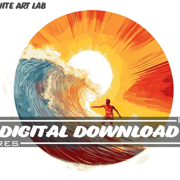 Surfer's Sunset: Beach-Inspired Digital Download | Graceful Surfer Riding Barrel Waves