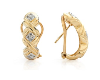 Diamond Double Crosshatch Huggie Omega-Clip Earrings in 14K Yellow Gold