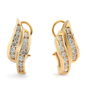 Double Row Channel Set Diamond Omega-Clip Earrings in 14K Yellow Gold