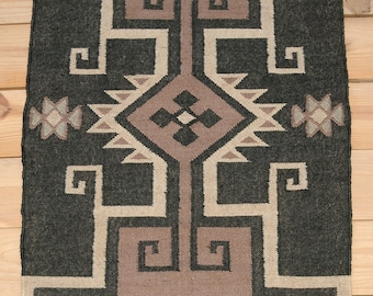 Handwoven Wool Jute Kilim Rug, Geometric Dhurrie Rug