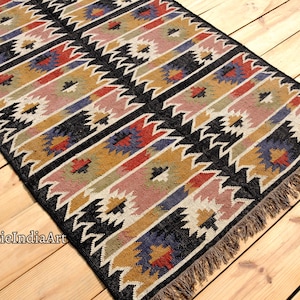 Tapete Kilim tecido à mão - Tapete de área estilo Boho, Tapete de juta de lã tecida, Corredor tecido de lã de juta, Tapete Kilim de lã de juta, Tapete de juta 8x10