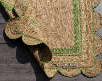 Tappeto in juta con bordo smerlato, tappeto smerlato verde smeraldo, tappeto in juta naturale, tappeto in juta per interni, tappeto in juta boho, tappeto su misura, tappeto passatoia in juta
