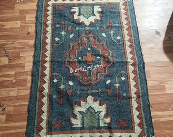 Kilim Rug, Handwoven, Wool and Jute Rug Handmade, Kilim Dhurrie Rug, Traditional Indian jute Area rug