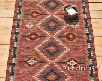 Alfombra Kilim de yute de lana vintage, tejida a mano, alfombra de lana y yute hecha a mano, alfombra Kilim Dhurrie, alfombra tradicional de la zona de yute indio