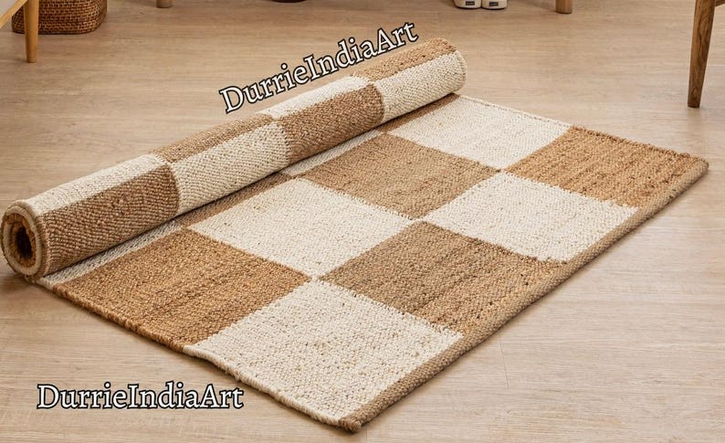 Geometric Rug, Checkered Rug, Checkered Runner Rug, Jute Area Rug, Handmade Rug, Natural Fiber Rug, Boho Home Décor, Eco Friendly Rug, Rustic Décor Rug, Neutral Rug