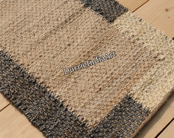 Handwoven Natural Hemp Jute Rug, Black Color Stripes Décor, Vintage Home Area, Bohemian Entryway Mat, Boho Hemp Rug