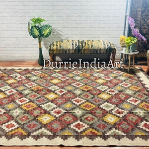 Kilim Rug, Handwoven, Wool and Jute Rug Handmade, Kilim Dhurrie Rug, Traditional Indian Jute Area Rug