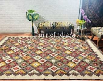 Kilim Rug, Handwoven, Wool and Jute Rug Handmade, Kilim Dhurrie Rug, Traditional Indian Jute Area Rug