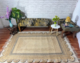 Alfombra festoneada - Alfombra de yute festoneada, alfombra festoneada de yute, alfombra festoneada, alfombra de área, decoración bohemia, festoneada, alfombra festoneada cuadrada, alfombra de tamaño personalizado