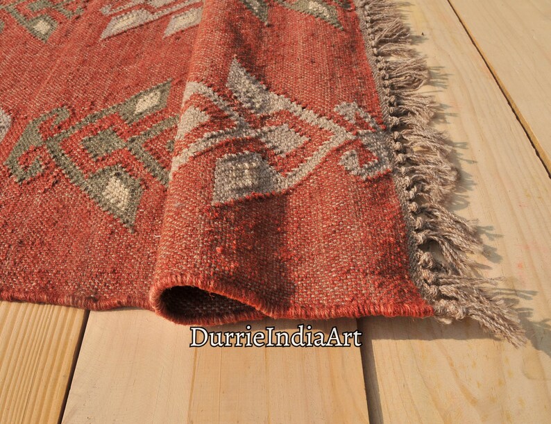 Handmade Wool Jute Kilim Rug, Handwoven Wool Jute Rug, Boho Décor Rug, Kilim Jute Rug, Flatweave Rug, Bohemian Rug, Indian Dhurrie Rug image 5