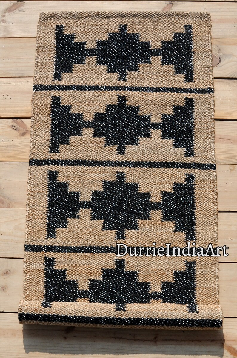 Hemp Stair Rug Runner Ivory & Black Hemp Decor Rug Custom Size Moroccan
