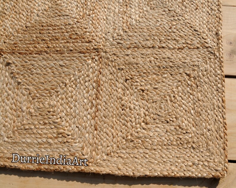 Indian Handmade Natural Beige Scandinavian Rug. Pattern Box Jute Rug