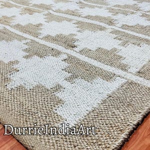 Natural Hemp Rectangle Jute Rug, Hand Woven Beige With Off White Design Rug, Large Area Hemp Jute Rug, Hemp Rug For Living Room, Home Décor