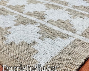 Natural Hemp Rectangle Jute Rug, Hand Woven Beige With Off White Design Rug, Large Area Hemp Jute Rug, Hemp Rug For Living Room, Home Décor