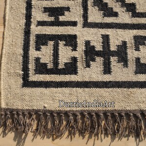 Alfombra Kilim grande hecha a mano, tejida a mano, de lana y yute, Kilim Dhurrie, motivos orientales, tradicionales indios, geométricos y turcos. imagen 3