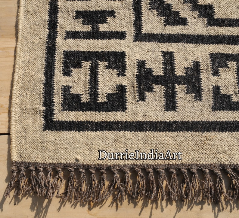 Alfombra Kilim grande hecha a mano, tejida a mano, de lana y yute, Kilim Dhurrie, motivos orientales, tradicionales indios, geométricos y turcos. imagen 3