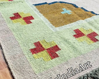 Handwoven Wool Jute Kilim Rug – Bohemian Geometric Area Rug, Tribal Vintage Carpet, Handmade Flatweave Floor Decor, Natural Fiber Runner