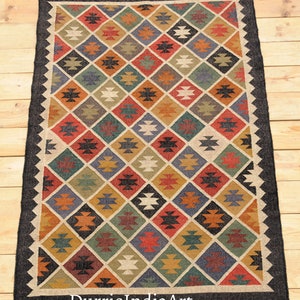 Handmade Navajo kilim Rug, Aztec Rug, Accent Rug, Outdoor/Indoor Rug, Living Room Rug, Wool Jute Kilim Rug, Indian Dhurrie Rug