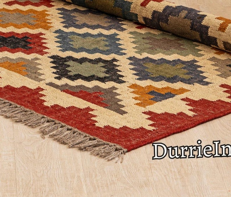 Wool Jute Rug, Handmade Kilim Rug, Kilim Dhurrie Rug, Motifs, Oriental, Traditional Indian, Geometric, Turkish Rug, Custom Rug, Vintage Rug