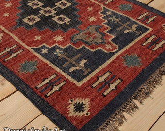 Handmade Area Kilim Rug, Wool Jute Kilim Rug, Flatweave Rug, Bohemian Rug, Indian Dhurrie Rug, Navajo Kilim Rug, Custom Rug, Aztec Rug