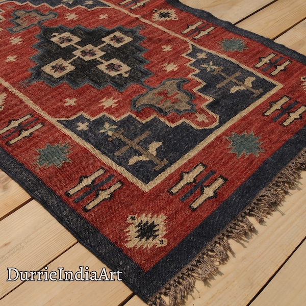 Handmade Area Kilim Rug, Wool Jute Kilim Rug, Flatweave Rug, Bohemian Rug, Indian Dhurrie Rug, Navajo Kilim Rug, Custom Rug, Aztec Rug