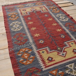Handmade Large Kilim Rug, Handwoven, Wool and Jute Rug Handmade, Kilim Dhurrie Rug, Motifs, Oriental, Traditional Indian, Geometric, Turkish