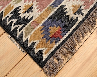 Handwoven Wool Jute Kilim Rug – Bohemian Geometric Area Rug, Tribal Vintage Carpet, Handmade Flatweave Floor Decor, Natural Fiber Runner