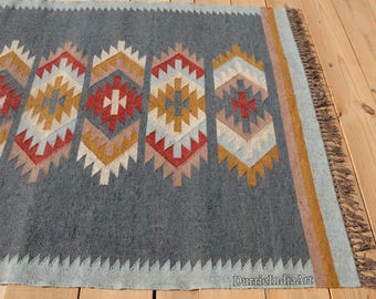 Handwoven Wool Jute Kilim Rug, Bohemian Southwestern Nordic Style
