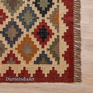 Wool Jute Rug, Handmade Kilim Rug, Kilim Dhurrie Rug, Motifs, Oriental, Traditional Indian, Geometric, Turkish Rug, Custom Rug, Vintage Rug