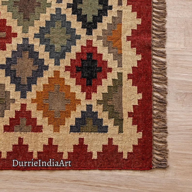 Wool Jute Rug, Handmade Kilim Rug, Kilim Dhurrie Rug, Motifs, Oriental, Traditional Indian, Geometric, Turkish Rug, Custom Rug, Vintage Rug