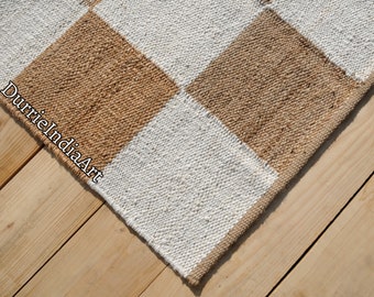 Checkered Jute Rug, Natural Jute Rug, Textured Stripe Area Rug, Bohemian Rug, Custom Size Rug, Off White Rug, Jute Runner Rug, Modern Rug