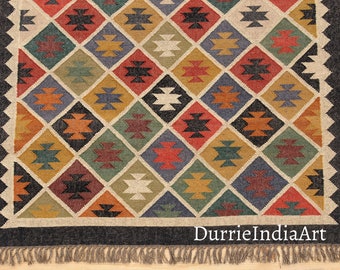 Tappeto Kilim in iuta di lana 8x10, 9x12 Ft, tessuto a mano, tappeto in lana e iuta fatto a mano, tappeto Kilim Dhurrie, tappeti tradizionali in iuta indiana/lana